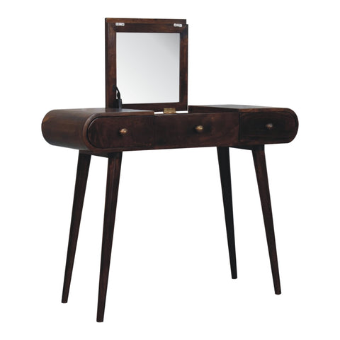 Dark wood california walnut dressing table with foldable mirror and three drawers with brass knobs