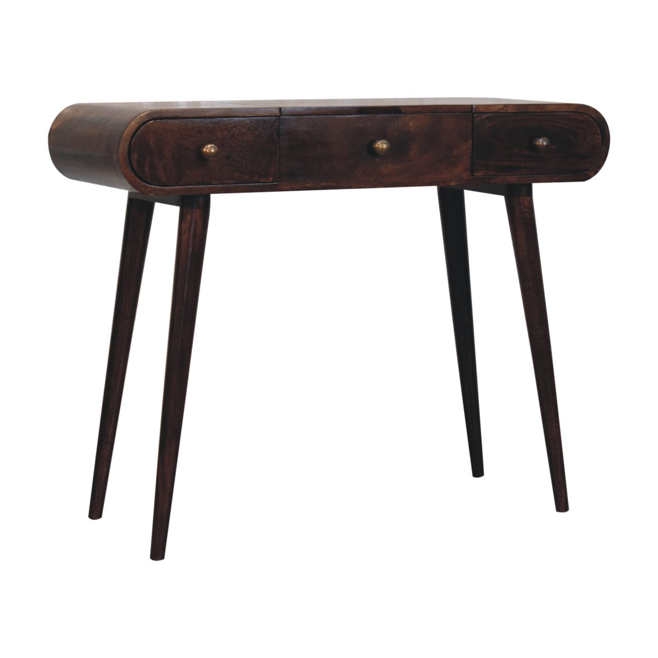 Dark wood california walnut dressing table with three drawers tapered legs and foldable mirror for easy storage