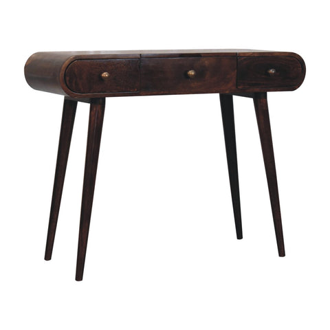 Dark wood california walnut dressing table with three drawers tapered legs and foldable mirror for easy storage