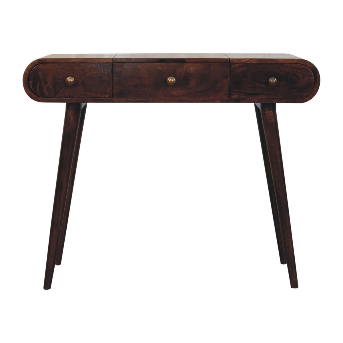 Dark wood california walnut dressing table with three drawers tapered legs and foldable mirror for easy use
