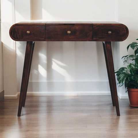 Dark wood california walnut dressing table with three drawers and foldable mirror for easy grooming