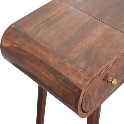 California walnut dressing table with rich brown wood, curved edge, brass knob, and foldable mirror feature