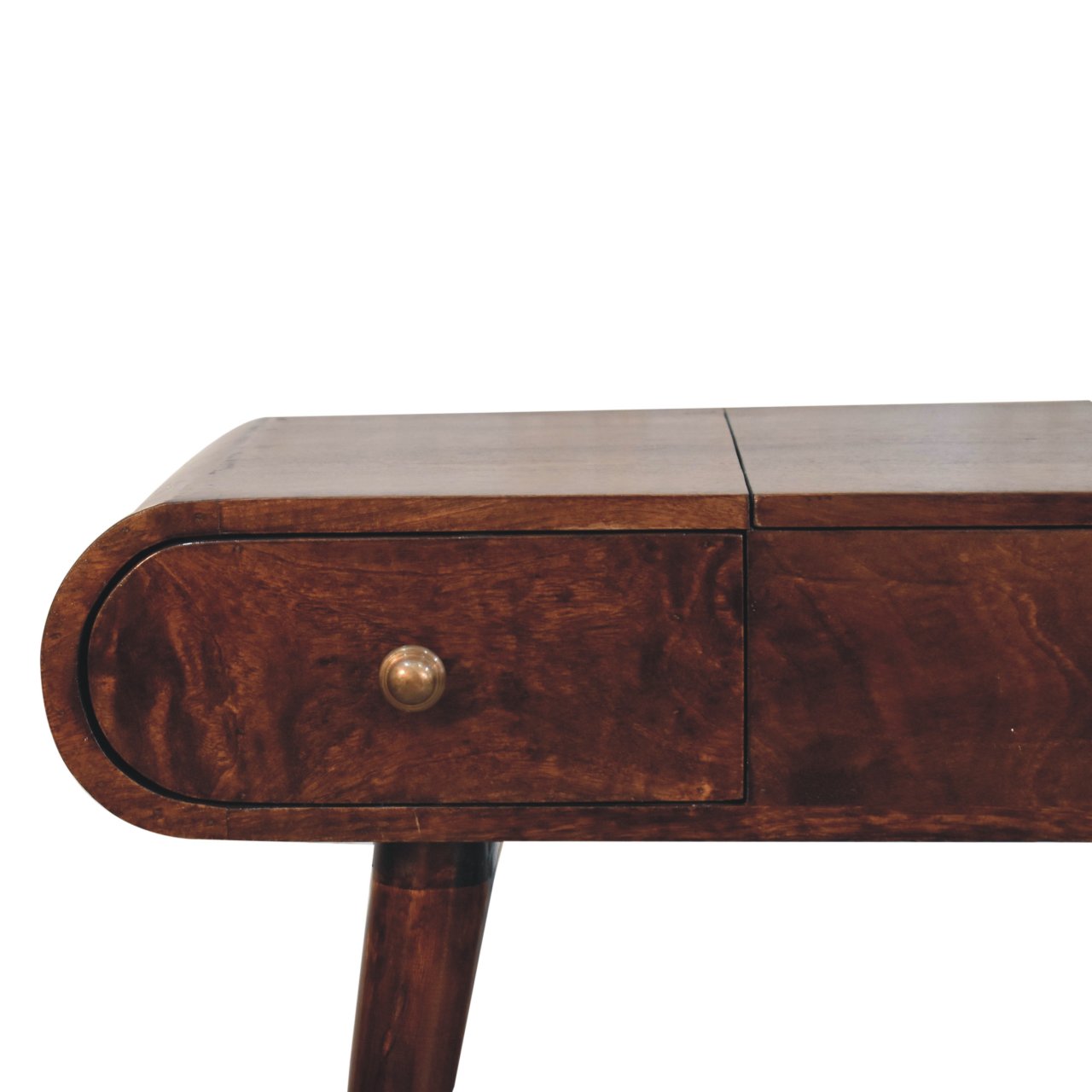 California walnut dressing table with foldable mirror featuring a rich dark brown wood console table with drawer