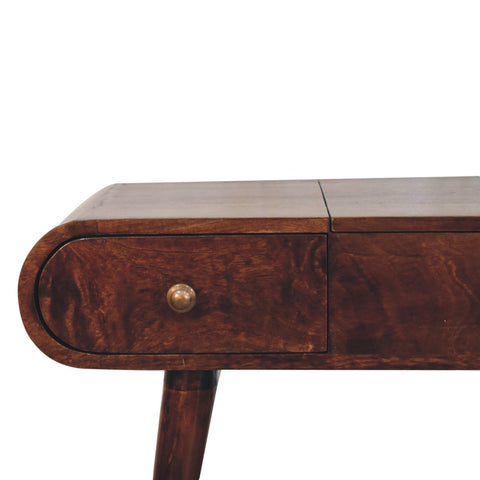 California walnut dressing table with foldable mirror featuring a rich dark brown wood console table with drawer