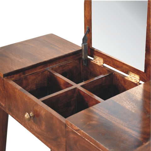 California walnut dressing table in rich mahogany with foldable mirror and four storage compartments