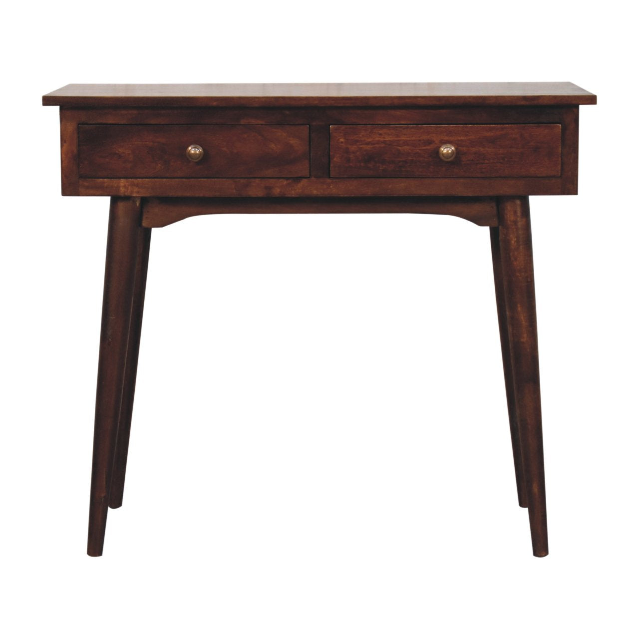 Dark brown california walnut hallway console table with two drawers and brass knobs for stylish storage