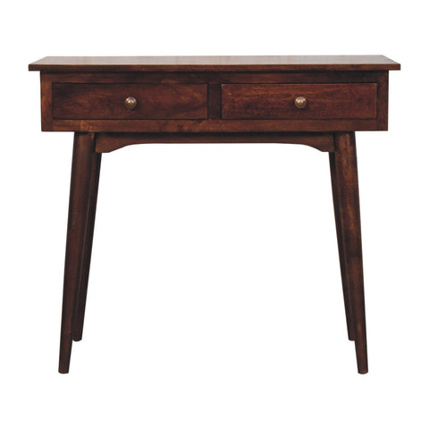 Dark brown california walnut hallway console table with two drawers and brass knobs for stylish storage