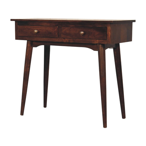 Dark brown wooden california walnut hallway console table with two drawers and brass knobs
