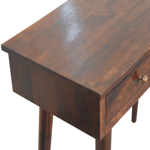 Dark brown walnut hallway console table with single drawer and brass knob perfect for entryway storage