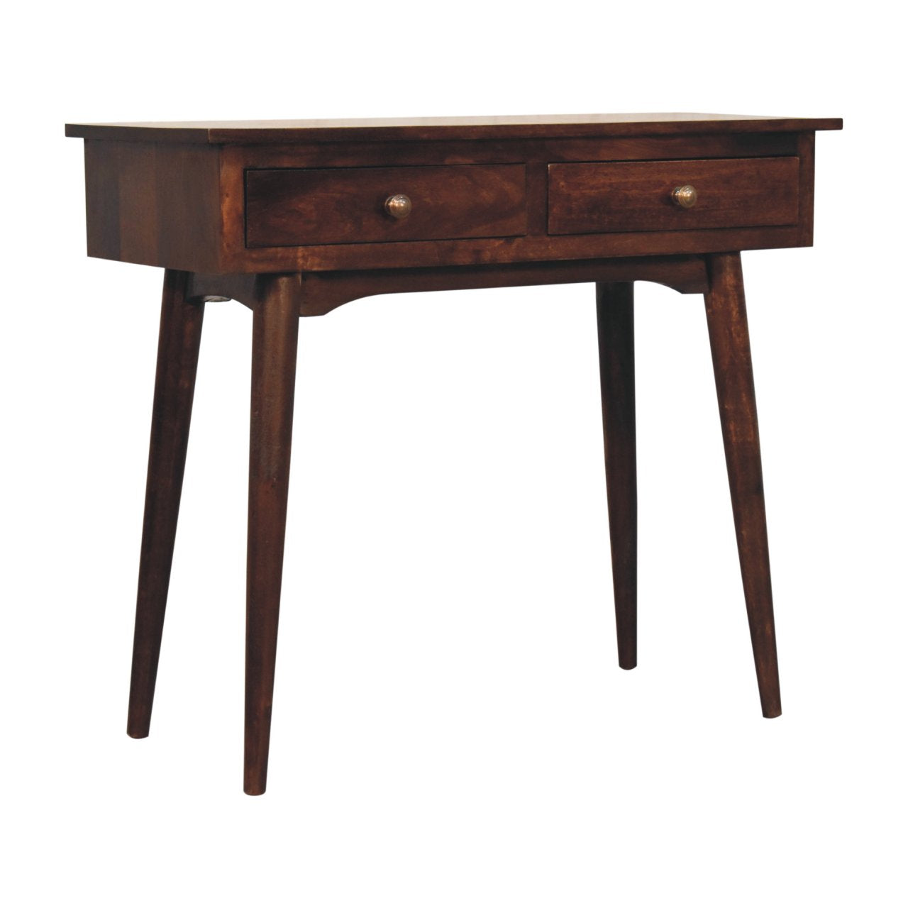 Dark brown walnut console table with two drawers and brass knobs perfect for hallway storage