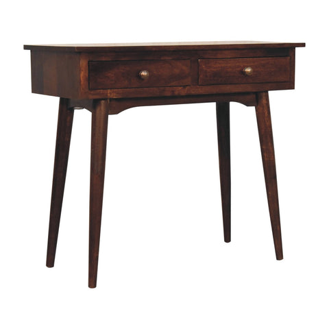 Dark brown walnut console table with two drawers and brass knobs perfect for hallway storage