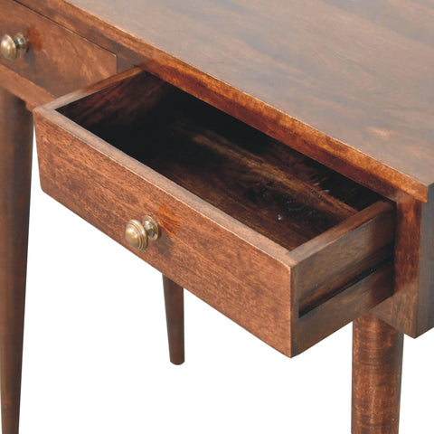 California walnut hallway console table with rustic wood, single drawer, brass knobs, and tapered legs