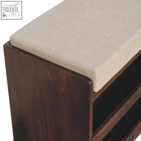 Beige mud linen upholstery shoe rack with california walnut dark-stained wooden pull out frame for seating and storage