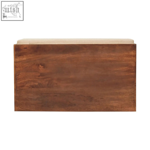 Brown wooden california walnut storage bench with mud linen upholstery and cream-colored pull out shoe bench top