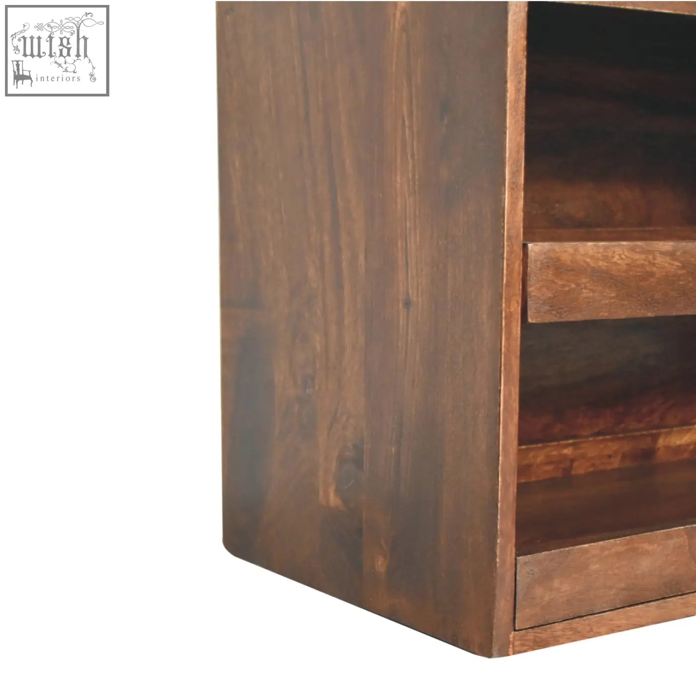 Dark brown california walnut cabinet with visible grain and multiple shelves in mud linen upholstery design