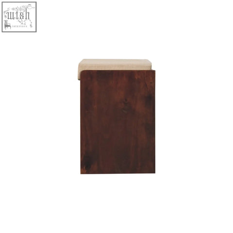 Dark wood california walnut shoe bench with mud linen upholstery and beige pull out seat for entryway storage