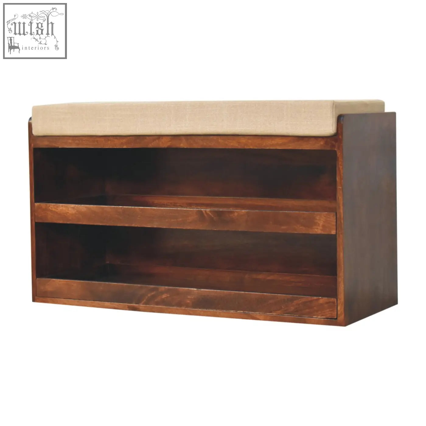 A sleek dark brown california walnut shoe rack with mud linen upholstery and two open shelves with cushioned top