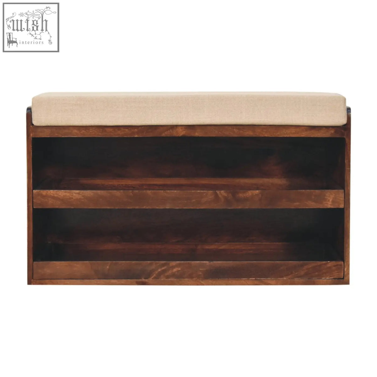 A sleek california walnut shoe rack with mud linen upholstery and beige cushioned top featuring two open shelves