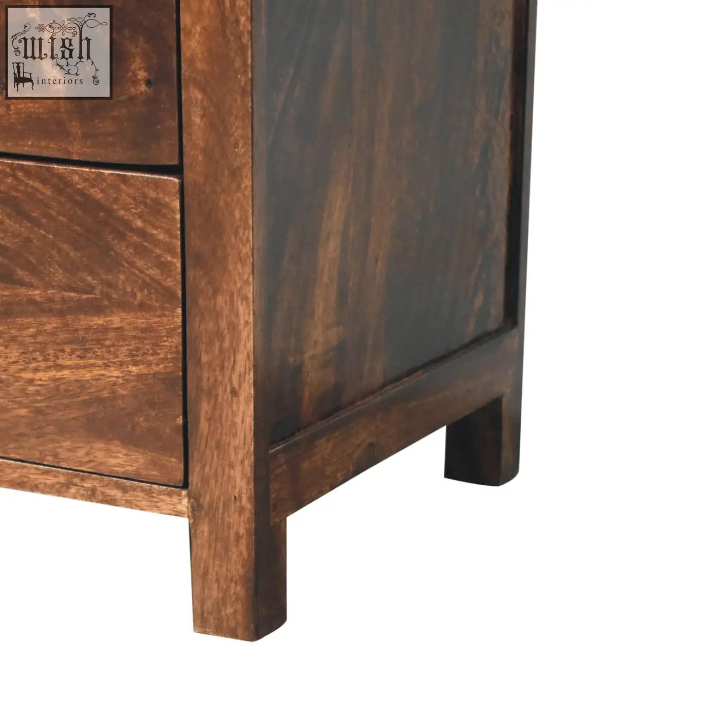 Dark brown california walnut bedside table made of solid mango wood with visible grain and two drawers