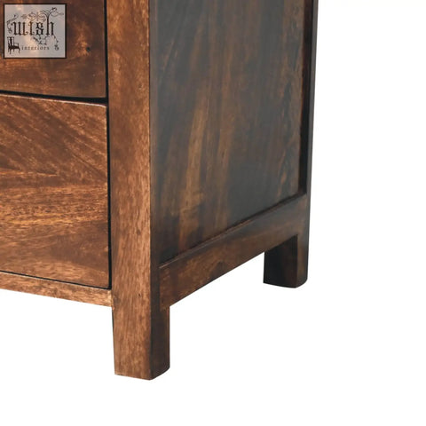 Dark brown california walnut bedside table made of solid mango wood with visible grain and two drawers