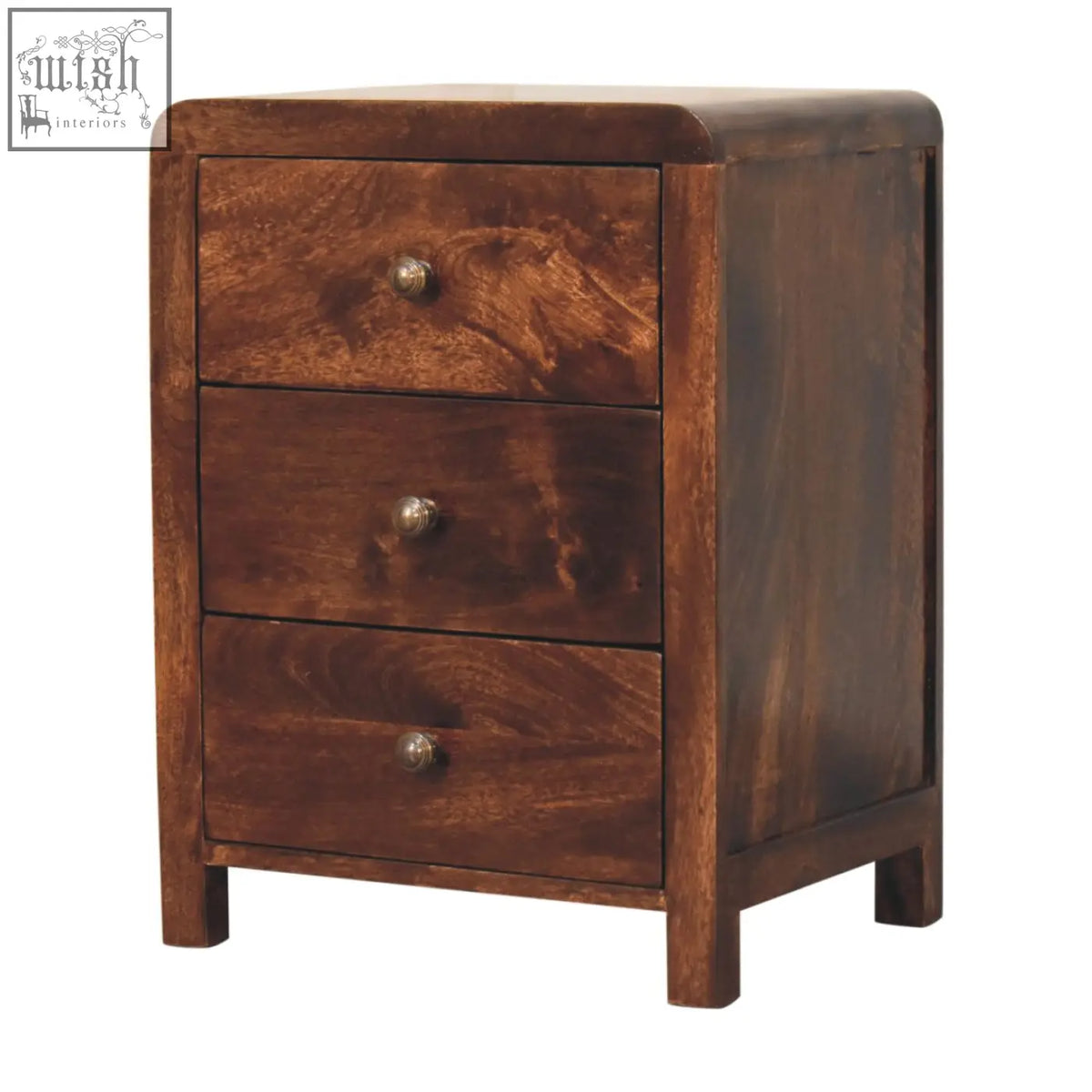 Dark brown california walnut bedside table with three drawers and round metallic knobs made of solid mango wood