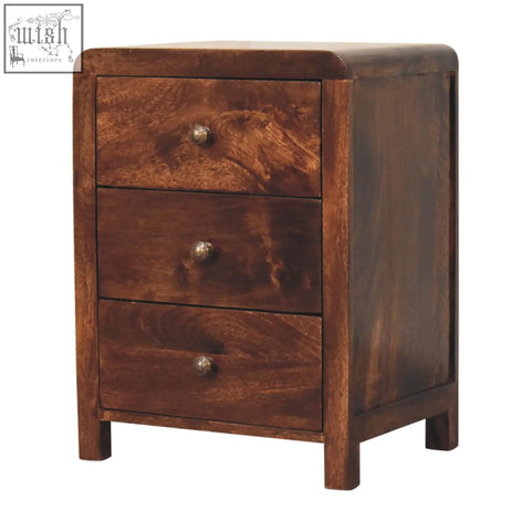 Dark brown california walnut bedside table with three drawers and round metallic knobs made of solid mango wood