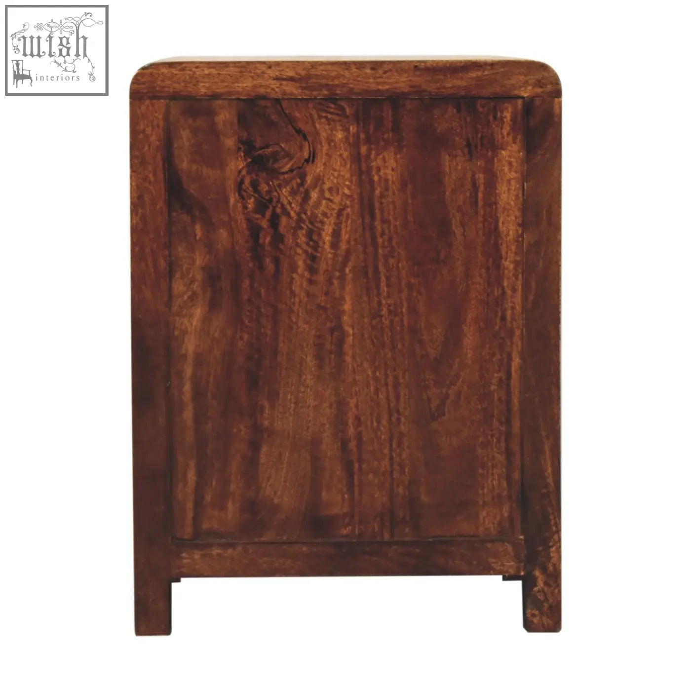 Rich dark brown california walnut bedside table with natural grain pattern and rustic finish in solid mango wood