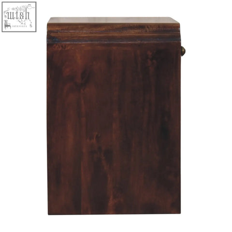 Dark brown california walnut finish newton bedside table with visible grain pattern and small brass handle on side