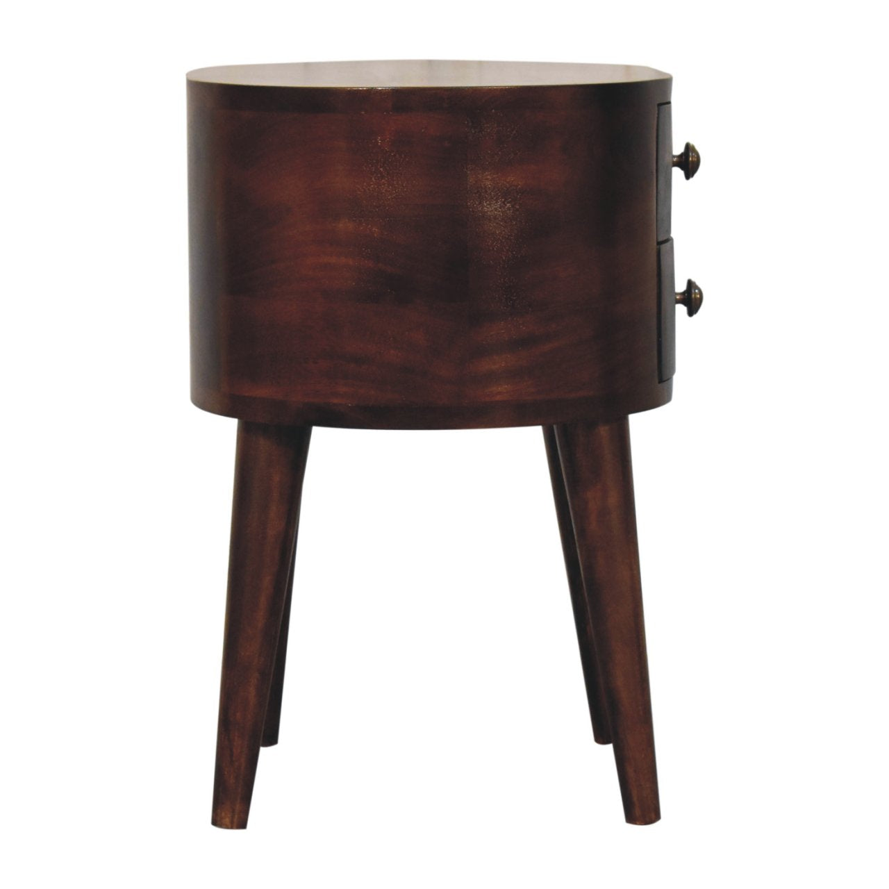 Dark brown california walnut rounded bedside table with two drawers and tapered legs in a cylindrical shape