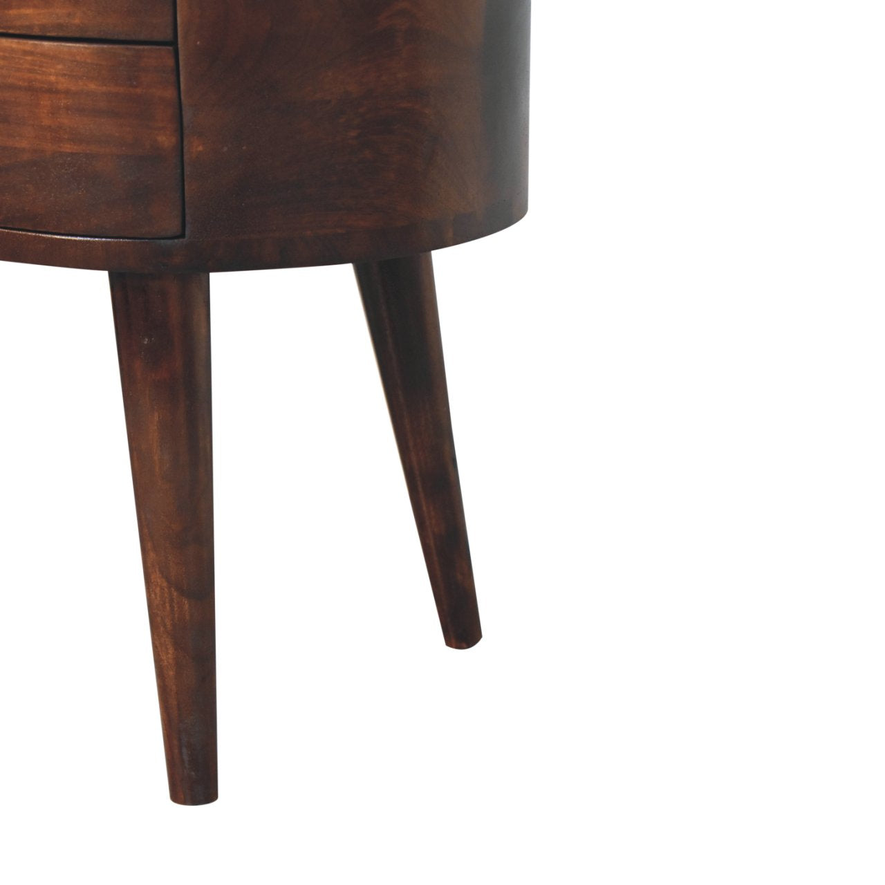 Dark brown california walnut rounded bedside table with curved sides and tapered legs for bedroom use