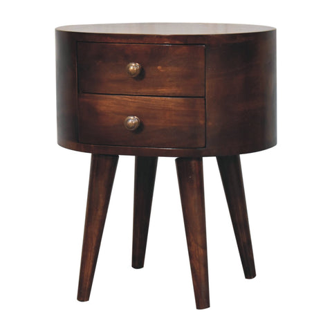 Dark brown california walnut rounded bedside table with two drawers and brass knobs for bedroom storage