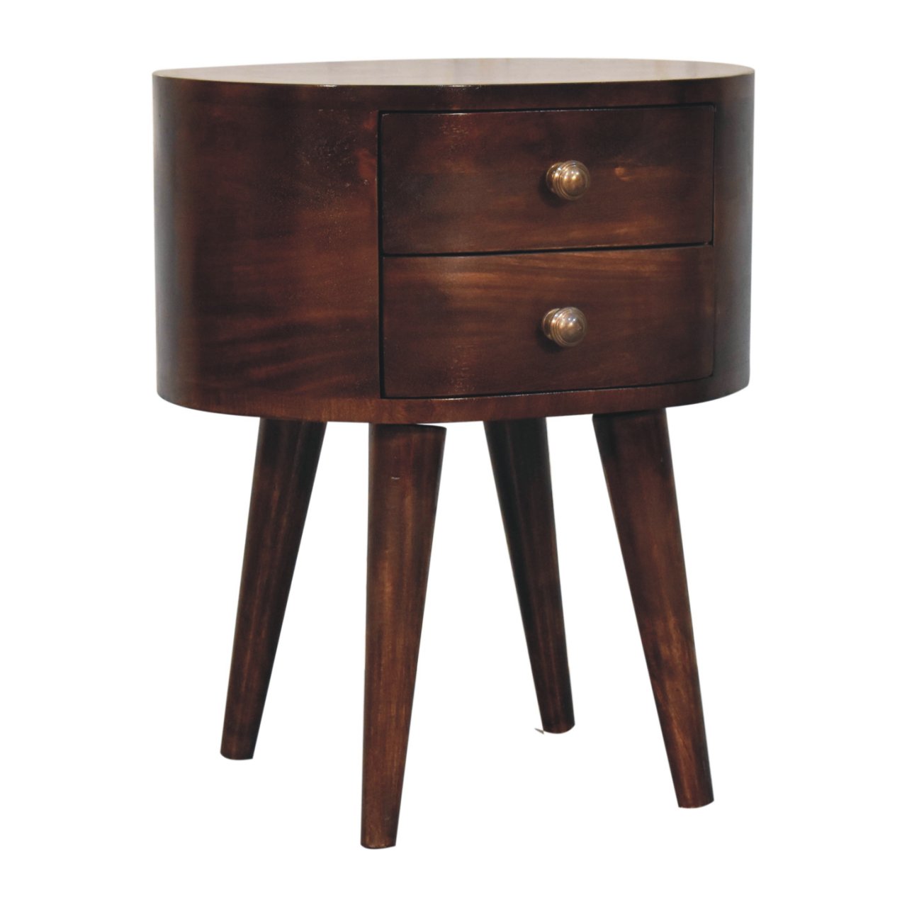 Dark brown california walnut rounded bedside table with two drawers and brass knobs for bedroom storage