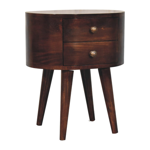 Dark brown california walnut rounded bedside table with two drawers and brass knobs for bedroom storage