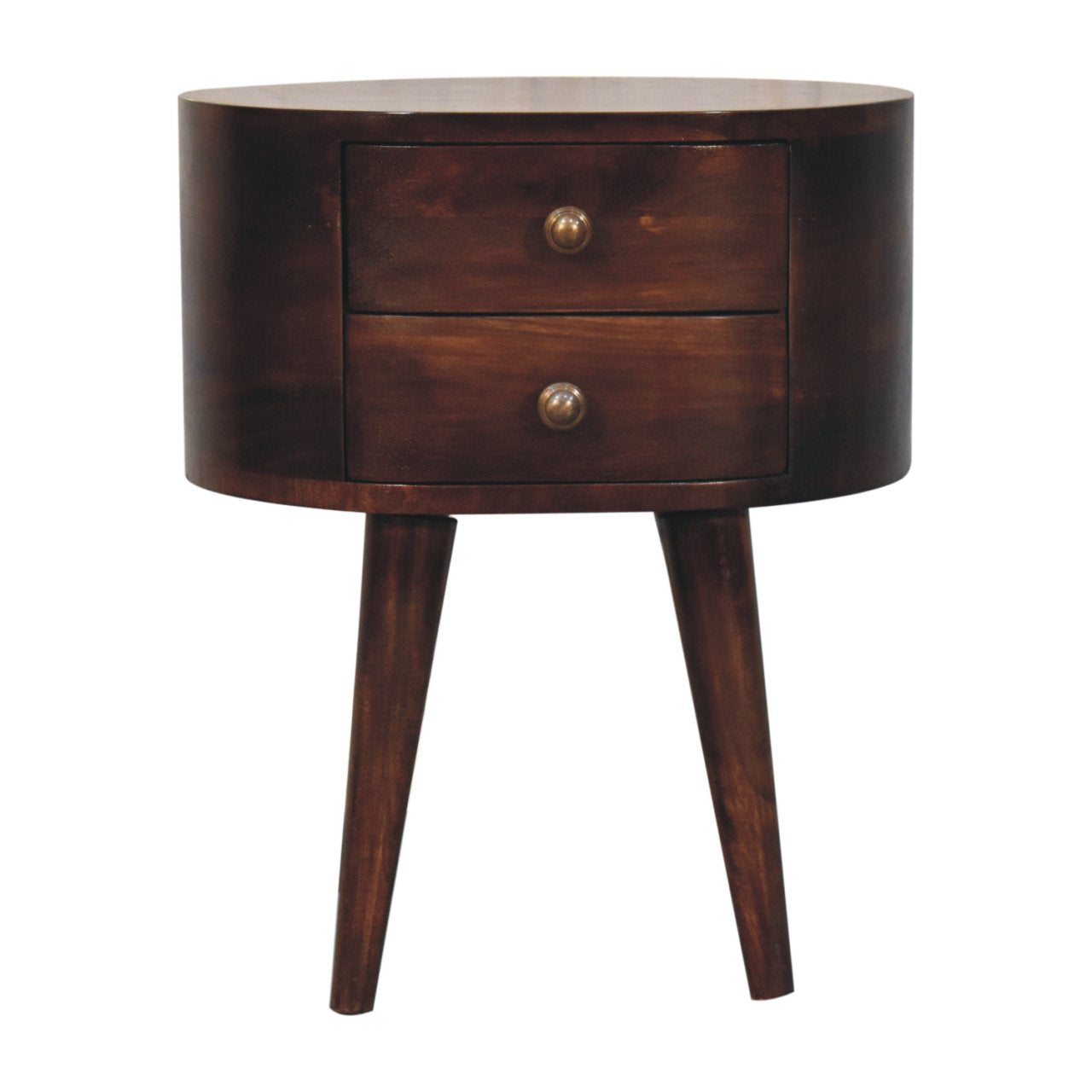 Dark brown california walnut rounded bedside table with two drawers and brass knobs for bedroom storage