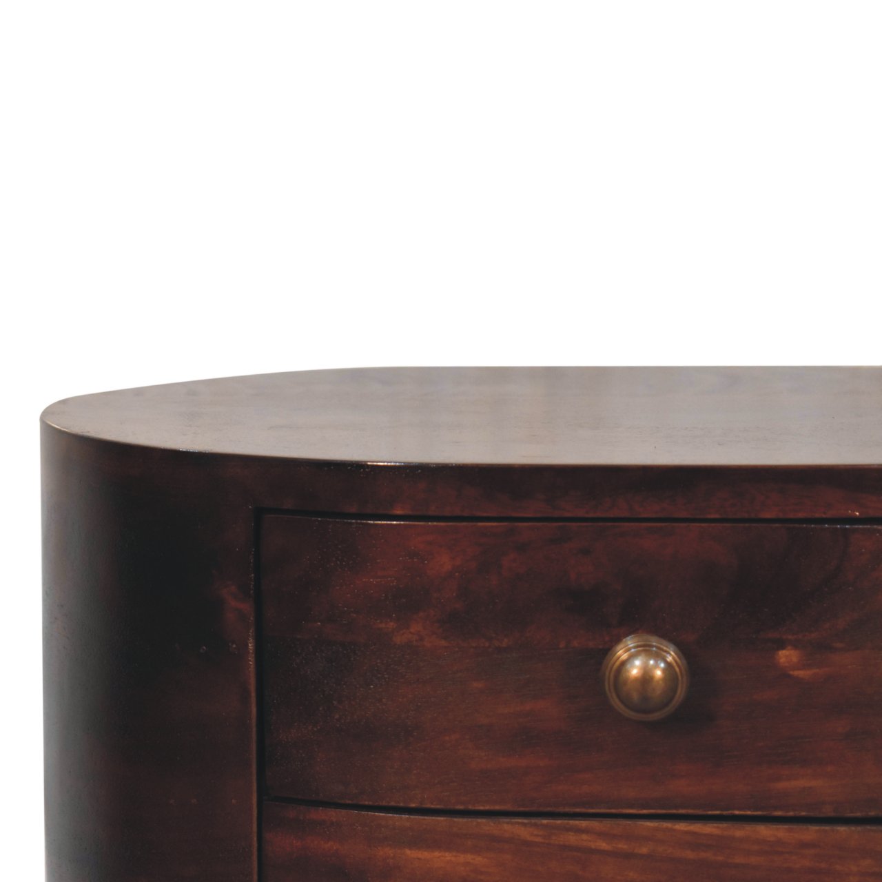 Dark wood california walnut rounded bedside table with curved top and single drawer with brass round knob