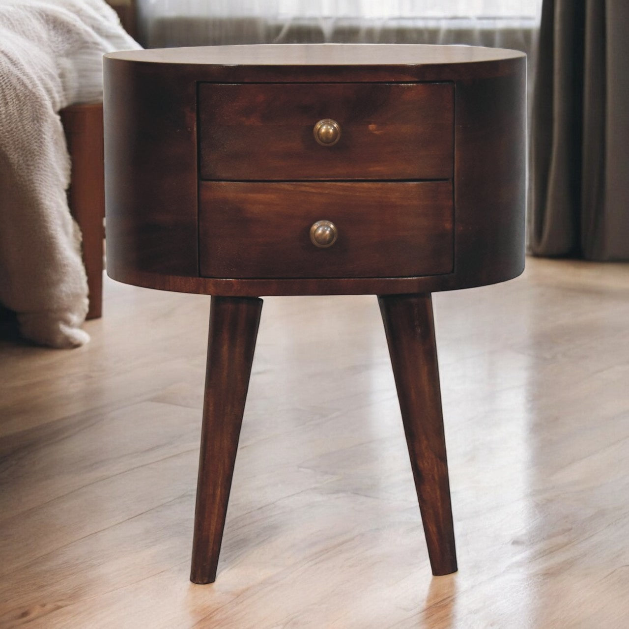 Dark wood california walnut bedside table with two drawers and brass knobs for stylish bedroom storage