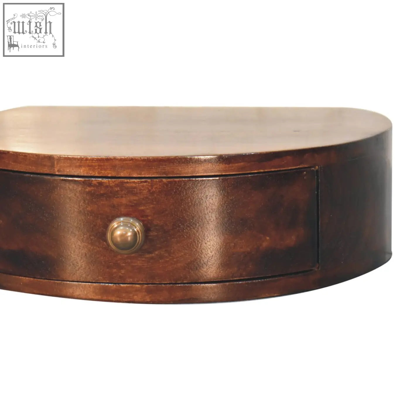 Dark brown california walnut wall mounted half moon bedside table with single drawer and brass knob