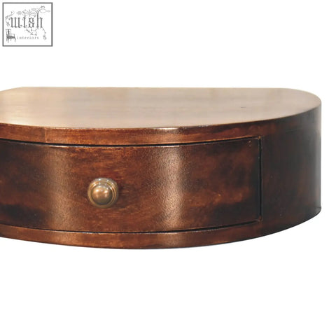 Dark brown california walnut wall mounted half moon bedside table with single drawer and brass knob