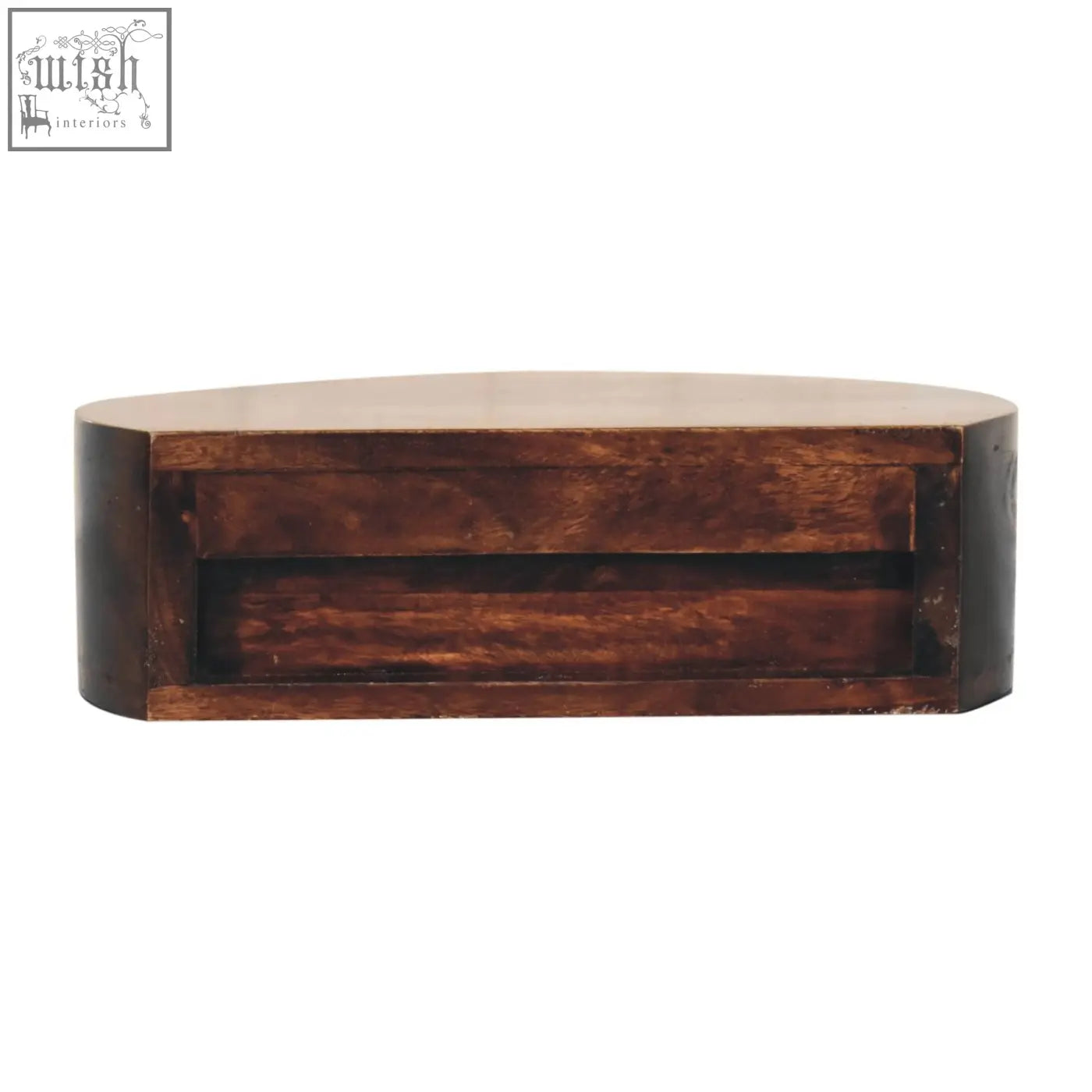 Dark brown california walnut wall mounted bedside table with smooth rounded top and visible wood grain