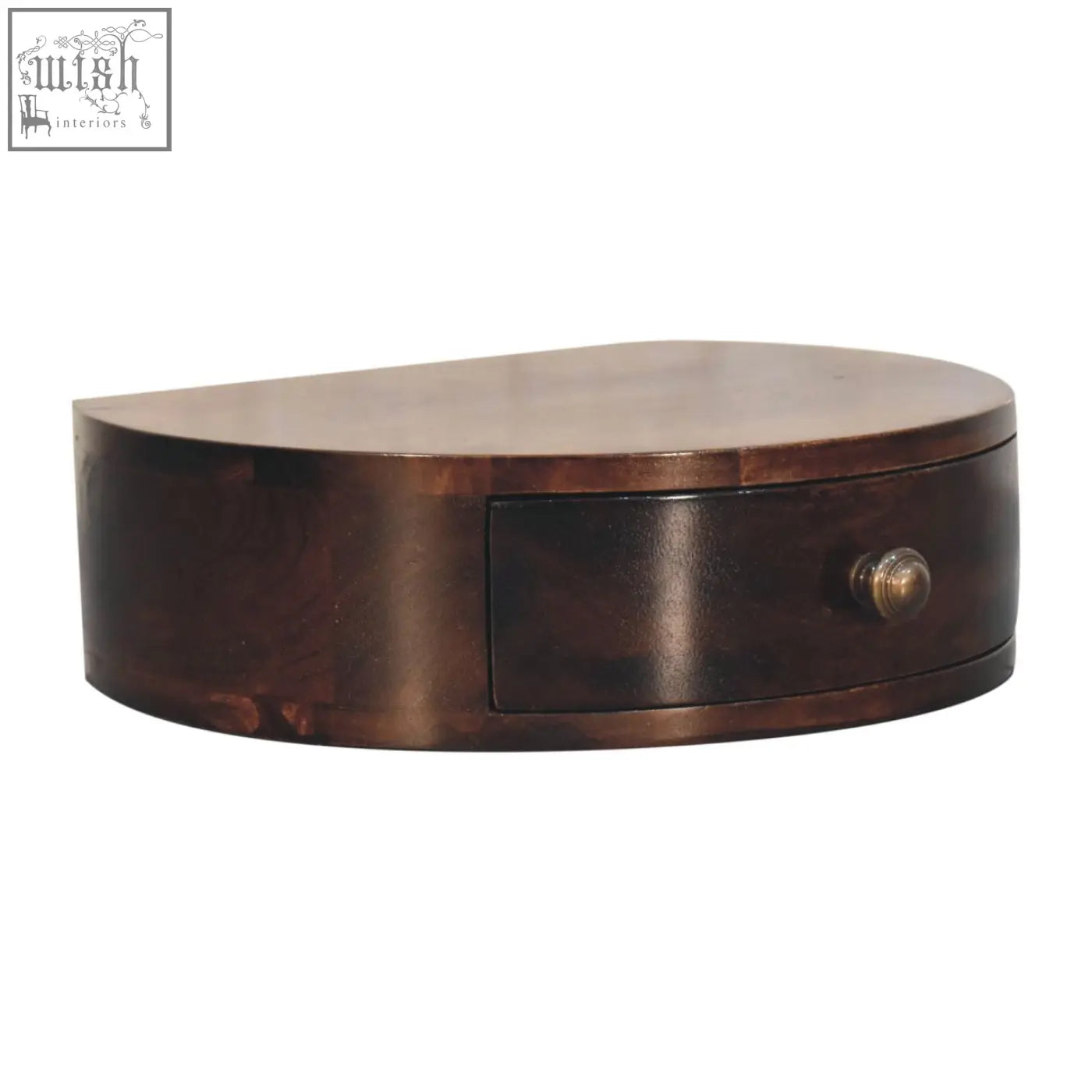 Dark brown california walnut wall mounted half moon bedside table with single drawer and brass knob