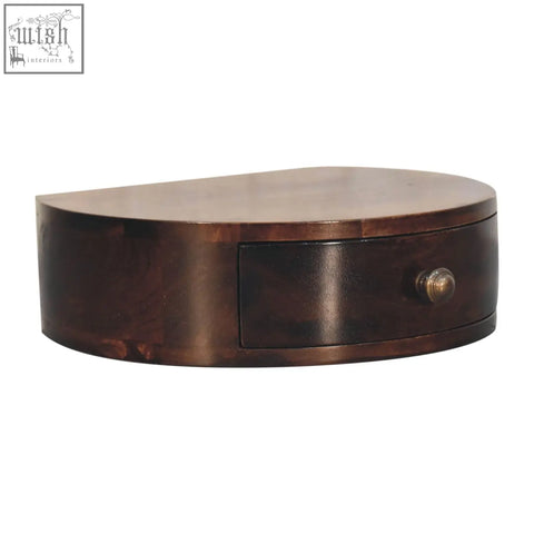 Dark brown california walnut wall mounted half moon bedside table with single drawer and brass knob