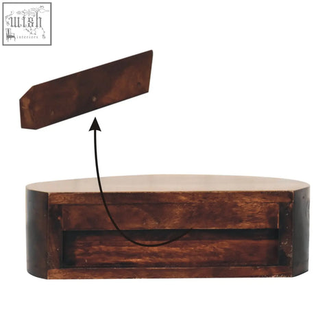 Dark brown california walnut wall mounted rounded bedside table with matching lid and visible wood grain