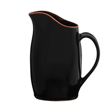 Calisto terracotta black glazed pitcher with glossy ceramic finish and copper-colored rim for stylish serving