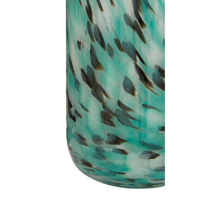 A large turquoise speckle vase made of glass with dark irregular markings perfect for stylish home decor