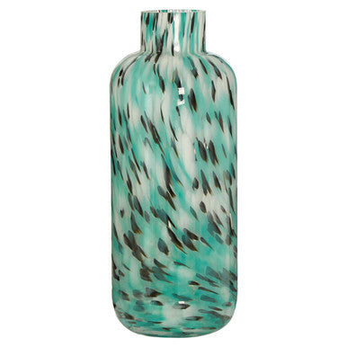 A tall slender glass vase with a large turquoise speckle abstract pattern perfect as a turquoise speckle vase