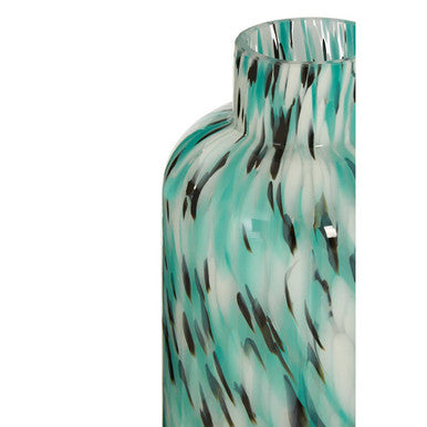 A tall slender glass calla large turquoise speckle vase with teal and black swirls on a translucent white base