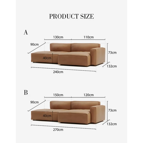 Calliope Brown Three Seater Sofa Real Leather - 240CM (With Chaise)