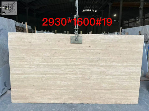 Beige travertine stone slab with natural striations and polished surface for callista round dining table marble