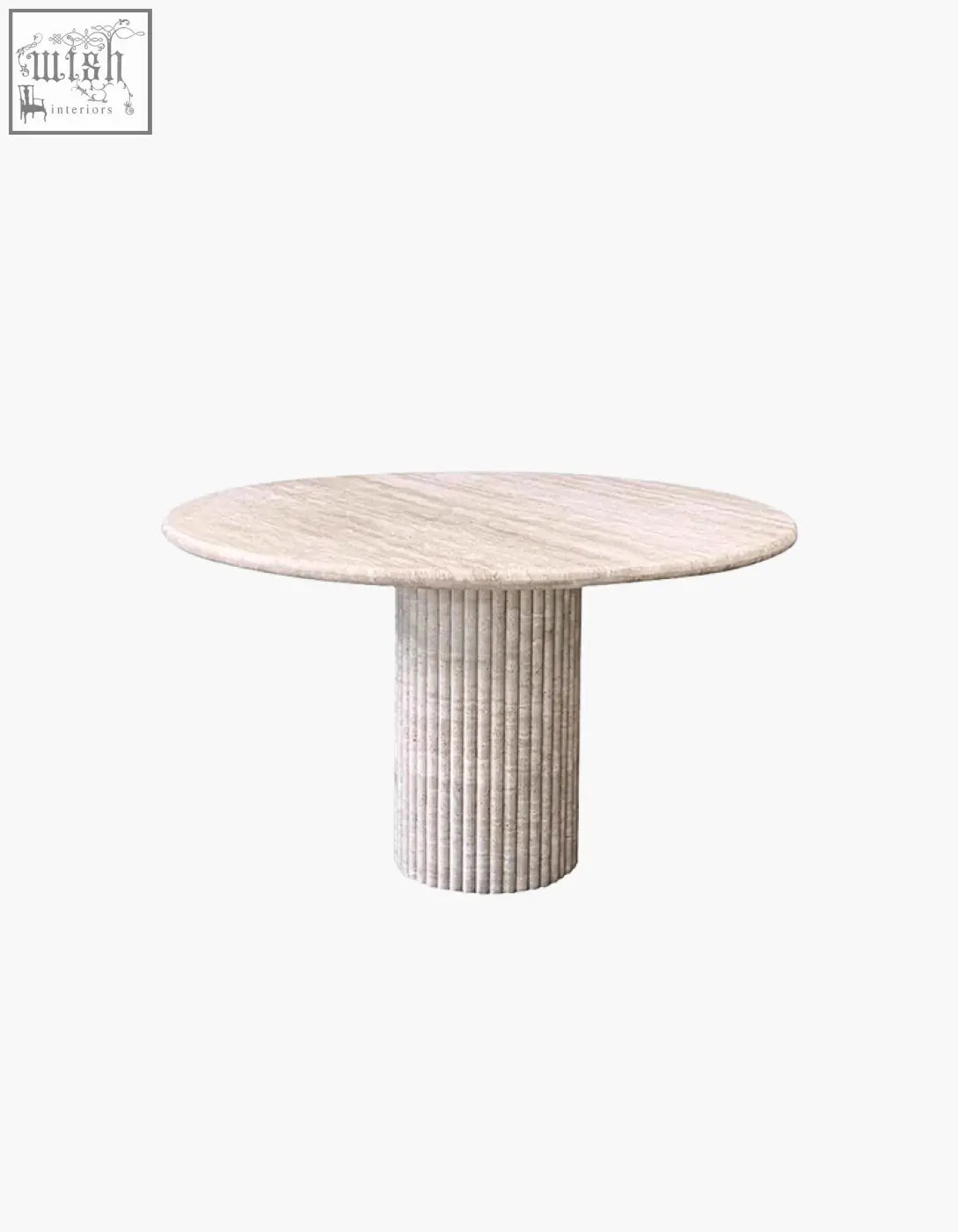 Callista round dining table with a sleek light beige marble top and fluted pedestal base perfect for dining space