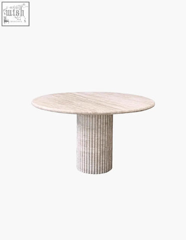 Callista round dining table with a sleek light beige marble top and fluted pedestal base perfect for dining space
